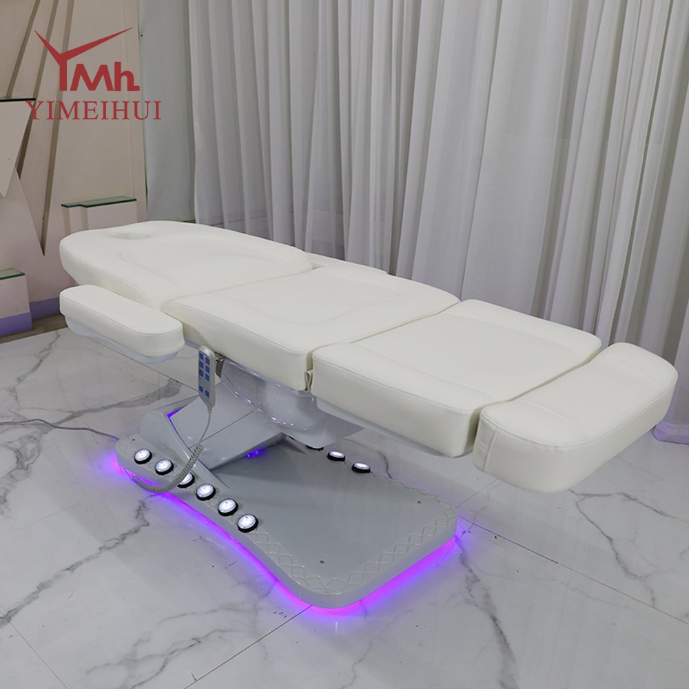 3-Motor Electric Beauty Bed Chair Angled View with Segmented Cushions and LED Base - Buy in Pakistan