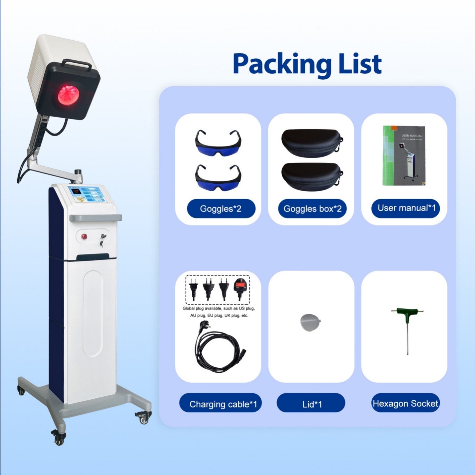 Class 4 Laser Machine – Sciatica & Back Pain Relief Class 4 Laser Machine packing list with goggles, manual and accessories Pakistan