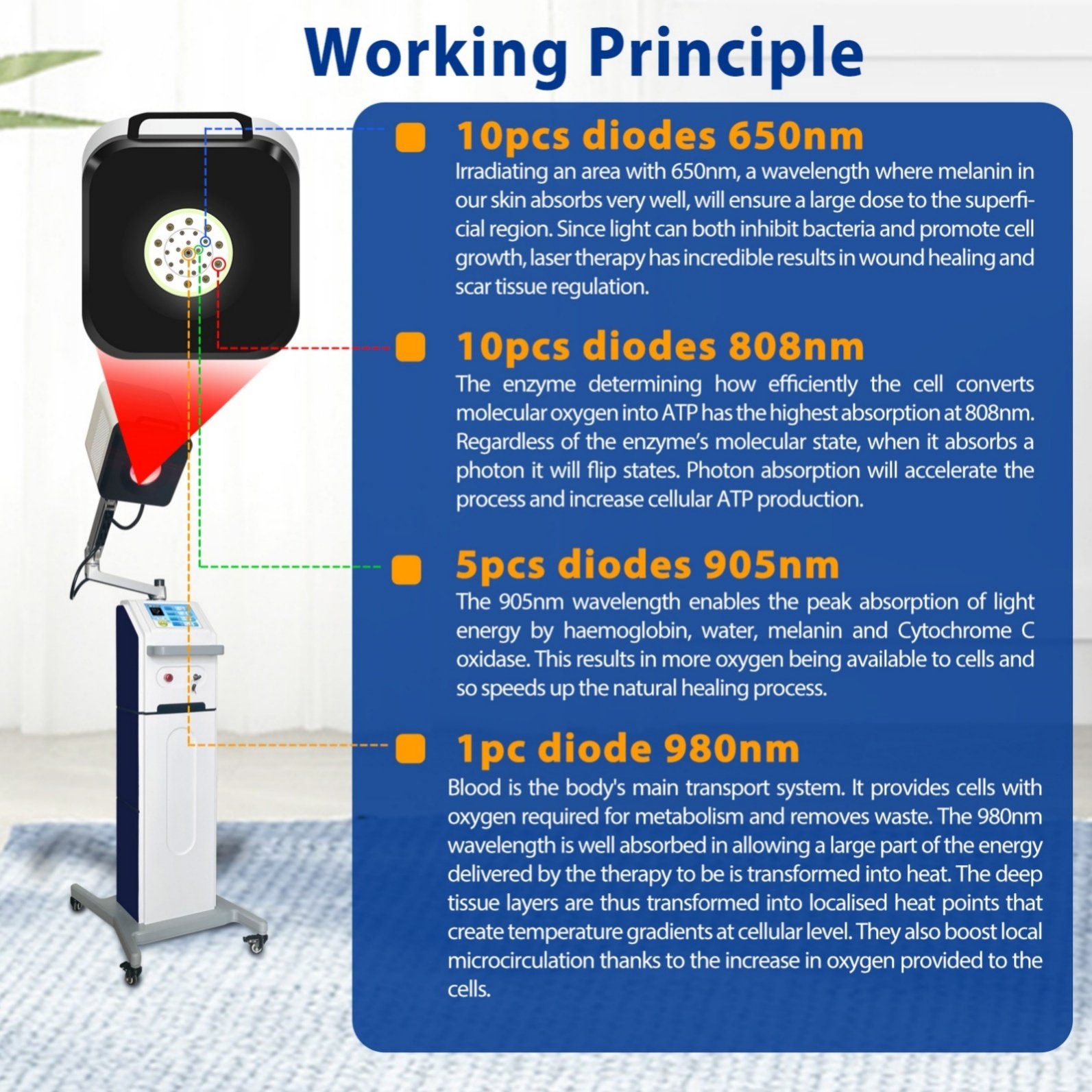 Class 4 Laser Machine – Sciatica & Back Pain Relief Class 4 Laser Machine working principle showing 650nm 808nm 905nm 980nm diode functions