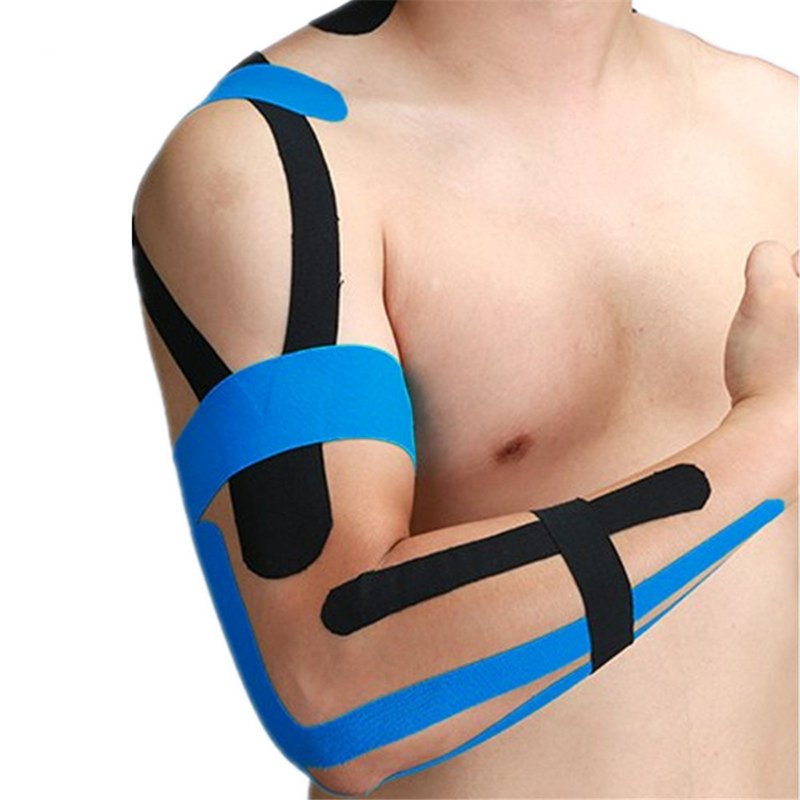Kinesiology Tape 5 Rolls – Fast Pain Relief in Pakistan Kinesiology Tape 5 Rolls applied on shoulder arm and elbow for muscle support