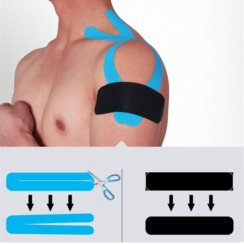 Kinesiology Tape 5 Rolls – Fast Pain Relief in Pakistan Kinesiology Tape 5 Rolls applied on shoulder with cutting technique guide