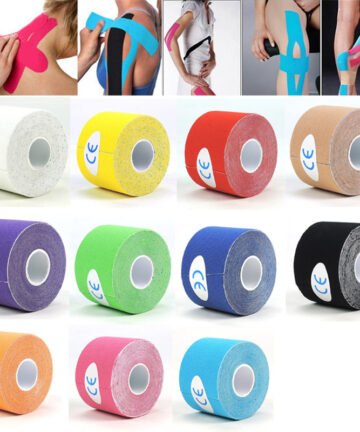 Kinesiology Tape 5 Rolls in 11 colors with application on shoulder, knee, back and ankle